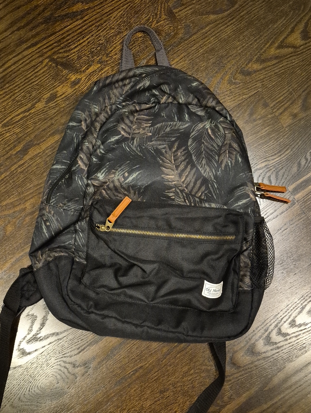 Men's Old NAVY Black Palm-Print Backpack with Brown Accents